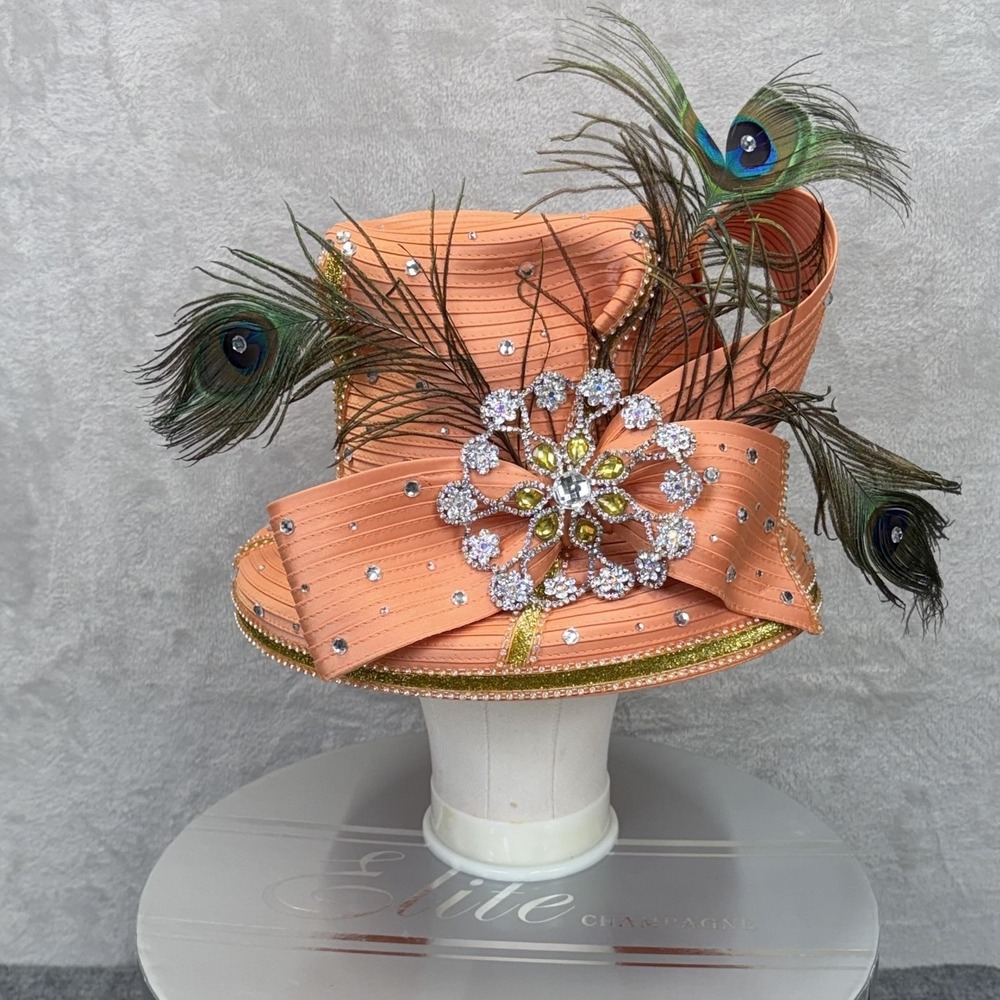 Elite Champagne Hat Cloche Orange Satin Rhinestone Peacock Derby‎ Church NWT Box